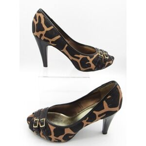 Candies Heels Brown & Black Leopard Fabric 3.5-Inch Heel Peep Toe Size 7M